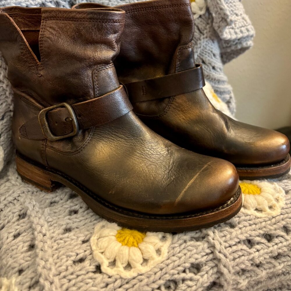 Frye Dark Brown Leather Harness Ankle Boots